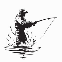 Side view of man fishing in the lake silhouette vector isolated on white background.
