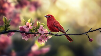 dreamy springtime red bird on pink cherry flower tree   background,soft sunlight peaceful flower

