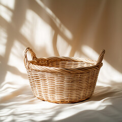 Obraz premium Natural Rattan Basket with Soft Beige Backdrop and Gentle Lighting for Eco-Friendly Storage