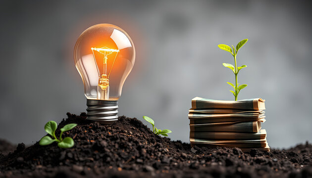 Energy saving lamp concept with plants growing on piles of money on the ground