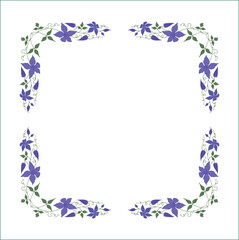 Elegant green vegetal ornamental frame with leaves and blue flowers, clematis; decorative border, corners for greeting cards. Isolated vector illustration