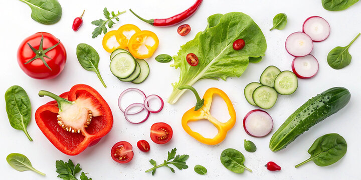 Fresh vegetables, colorful produce, vibrant ingredients, white background, overhead view, culinary composition, red tomatoes, yellow bell pepper, green cucumber slices, purple onion rings