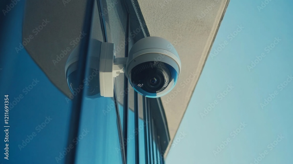 Poster a close-up of a modern cctv camera mounted on a building exterior, with a clear blue sky in the back