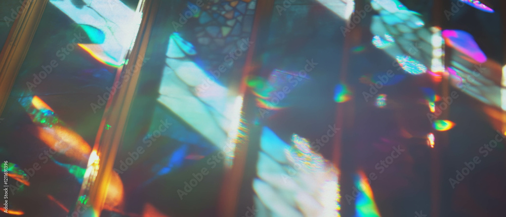 Poster exploration of intricate textures and deep colors in cathedral glass reflections