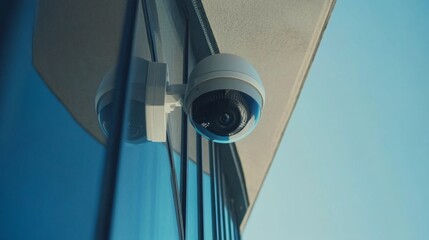 A close-up of a modern CCTV camera mounted on a building exterior, with a clear blue sky in the background, showcasing the technology used for security surveillance.