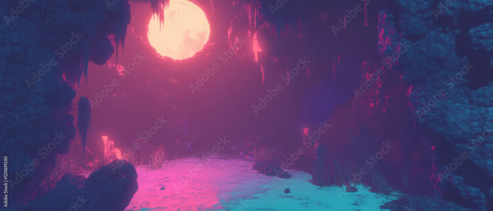 Aufkleber exploring the damp textures and vibrant hues of a mystical cave environment