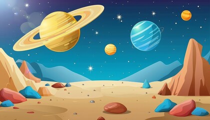 A colorful cartoon illustration of a fictional planet with a bright blue sky, yellow and red rocky mountains in the foreground, a yellow sun, a yellow planet with rings 