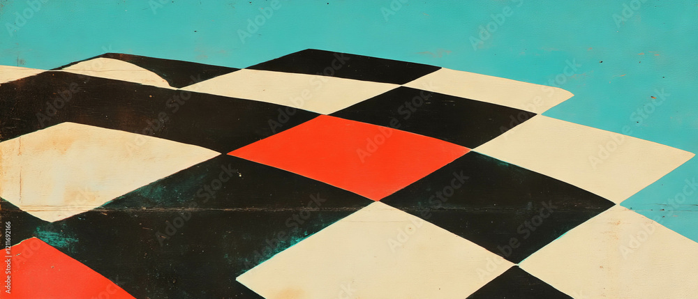 Poster Vibrant checkerboard pattern creating a dynamic visual effect with depth and color contrast