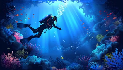 A scuba diver explores a vibrant coral reef, sunlight streaming down from above.