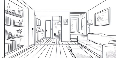 Fototapeta premium Modern Apartment Sketch Showing Living Room and Kitchen Area