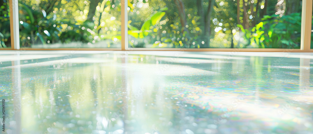 Poster clear vinyl surface with glossy finish reflecting nature and sunlight in serene setting