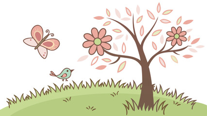 Spring scene with trees, flowers, butterflies, birds, vector illustration