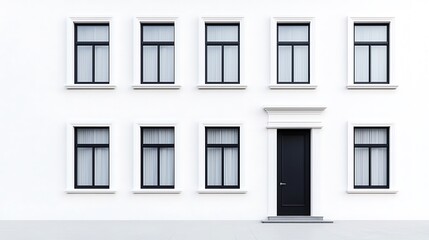 Fototapeta premium A minimalist building facade featuring six windows and a central black door, all set against a clean white background.