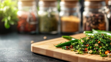 A close-up of freshly chopped green chilies and herbs on a wooden cutting board, with a blurred background of various spices in jars, showcasing a flavorful cooking environment.