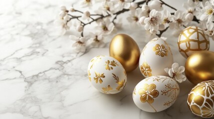 Elegant gold and white easter eggs with blossom on marble surface
