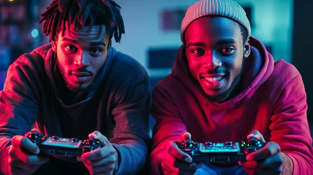 Friends compete in an intense gaming session while enjoying a vibrant indoor atmosphere at night