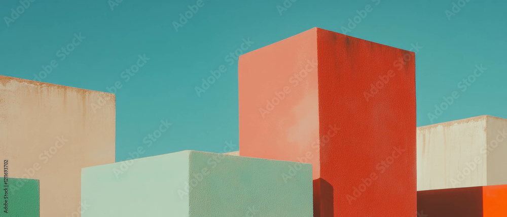 Poster Vibrant color blocks with sharp edges against a clear sky background
