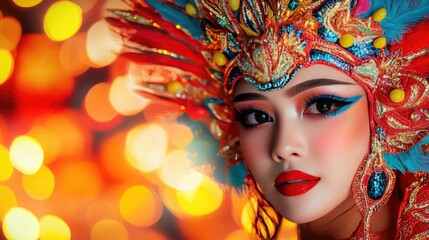 Naklejka premium Carnival celebration concept. Stunning portrait of a woman in vibrant cultural attire against a colorful background.