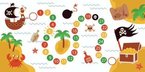 Fototapeta premium Pirate board game template,map,treasure island,pirate ship.Kids advanture game.Cartoon flat vector illustration