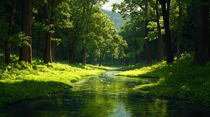 Obraz premium Serene Tranquil Forest Stream Surrounded by Lush Greenery