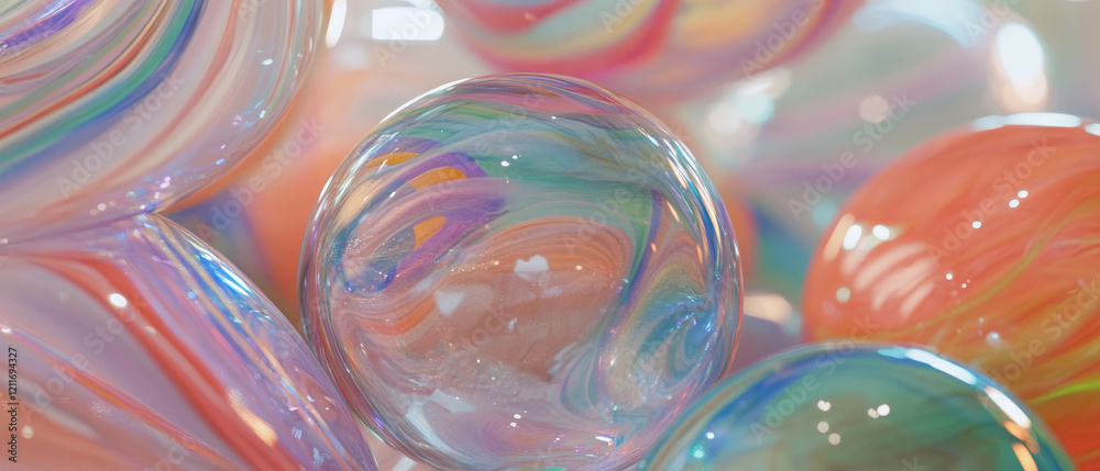 Poster colorful glass marbles with swirling patterns on smooth surfaces create a vibrant display