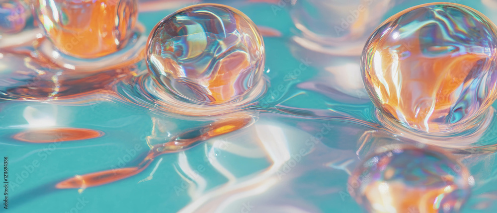 Poster vibrant colored glass marbles with swirling patterns on a smooth reflective surface