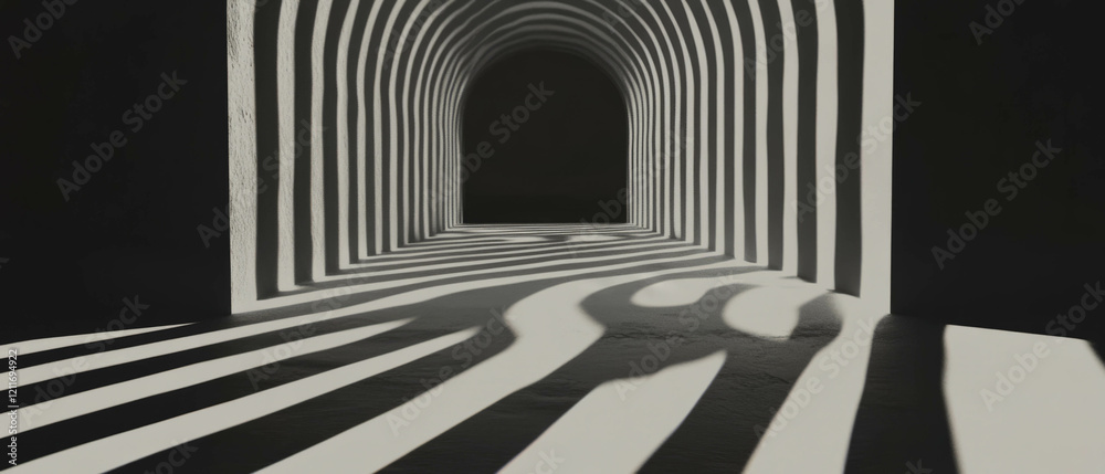 Poster Bright lights create striking shadows in a tunnel of converging lines and depth illusions