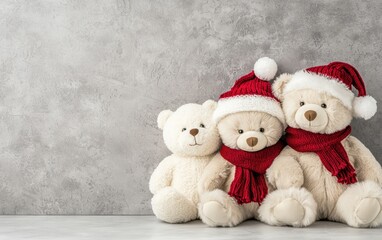 Fototapeta premium Trio of adorable teddy bears in festive hats and scarves, perfect for holiday-themed decorations, gift ideas, or winter marketing campaigns