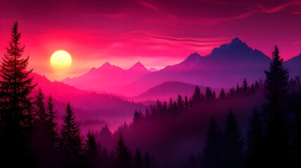 Fototapeta premium Stunning Sunset Over Majestic Mountains and Lush Forest Landscape