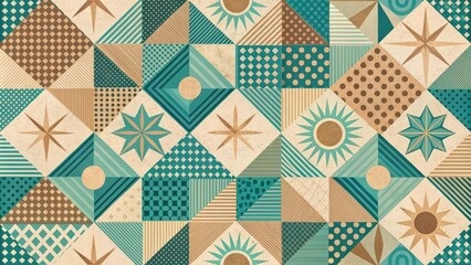 Abstract Geometric Teal and Beige Pattern Design Featuring Triangles, Stars, and Suns