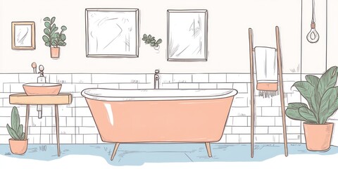 Stylish Bathroom Interior Design with Peach Tub and Plants