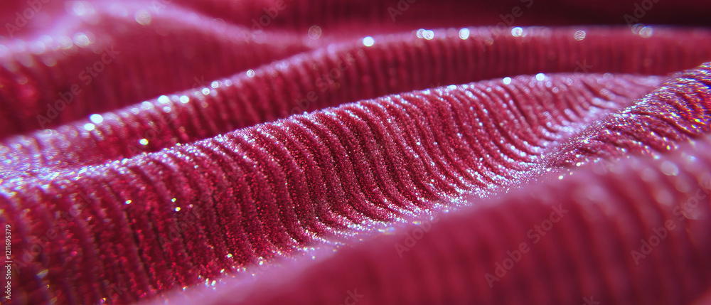 Poster rich corduroy texture featuring ribbed lines and abstract glitter patterns in vibrant red