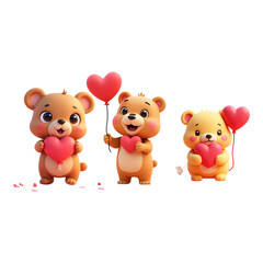 Cute Cartoon Bear Holding Red Heart Balloon for Valentine's Day.