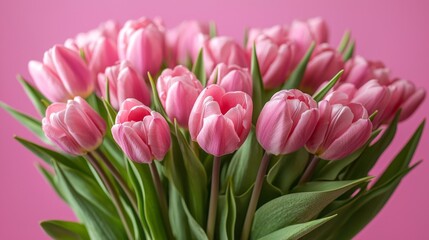 Fototapeta premium A beautiful bouquet of pink tulips stands tall against a soft pink backdrop, capturing the essence of spring with their fresh, vibrant blooms and lush greenery