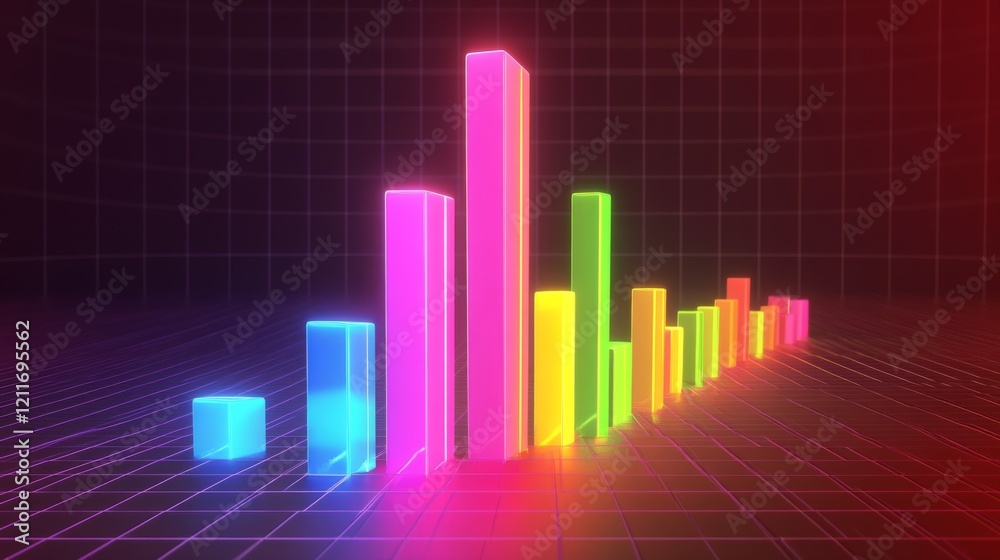 Leinwandbilder A colorful D bar graph rising on a grid background, with glowing bars representing data growth, and labels indicating different statistics.