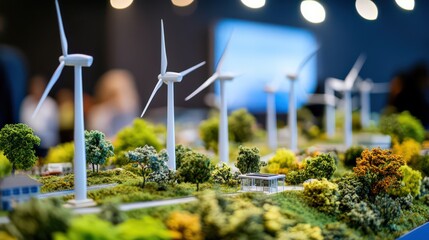 A sustainable energy fair featuring wind turbine models and clean energy advocates.