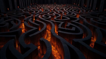 Fiery labyrinth, dark stone walls, glowing lava, complex path, challenge concept