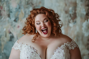 Fototapeta premium portrait of funny plus size woman in wedding dress