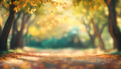 Serene Autumn Pathway Surrounded by Trees with Orange and Yellow Leaves

