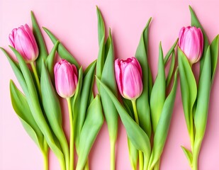 Obraz premium Delicate pink tulips with vibrant green leaves on a soft pastel pink background, creating a fresh and elegant floral arrangement. Horizontal layout.