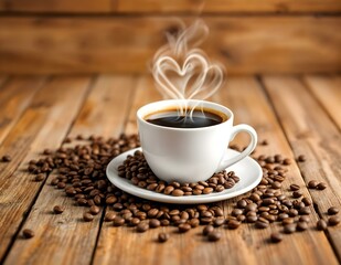Steaming cup of coffee with a heart-shaped steam design surrounded by roasted coffee beans on a rustic wooden background. Horizontal layout.