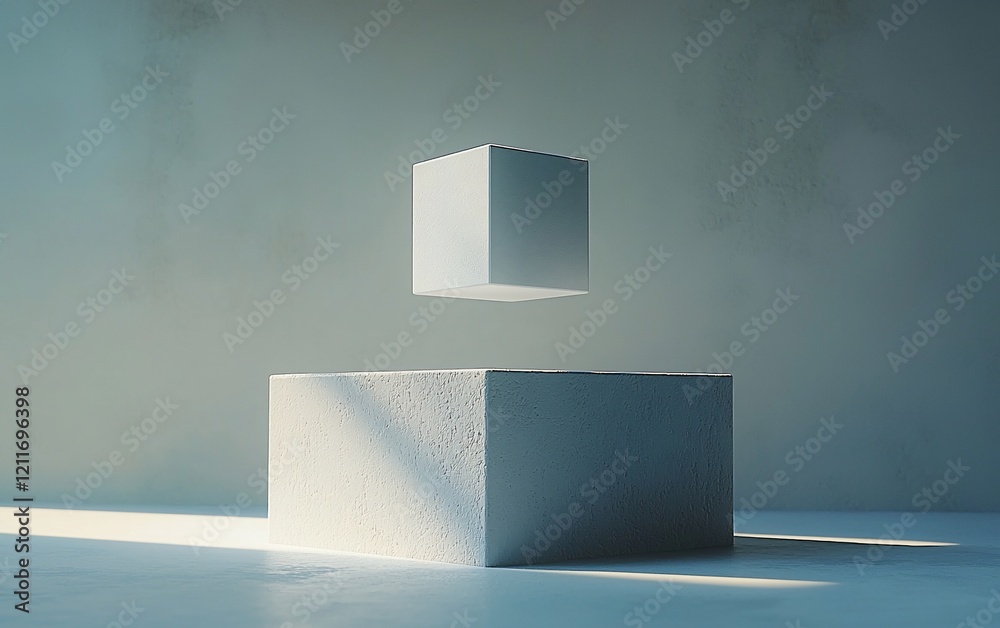 Poster Floating cube above a platform in a minimalist studio.