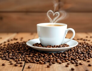 Fototapeta premium Steaming cup of coffee with a heart-shaped steam design surrounded by roasted coffee beans on a rustic wooden background. Horizontal layout.