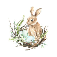 Easter composition with rabbit, nest, eggs, hellebore flowers and fern leaves. Hand-drawn watercolor illustration isolated on white background. Template for holiday decoration