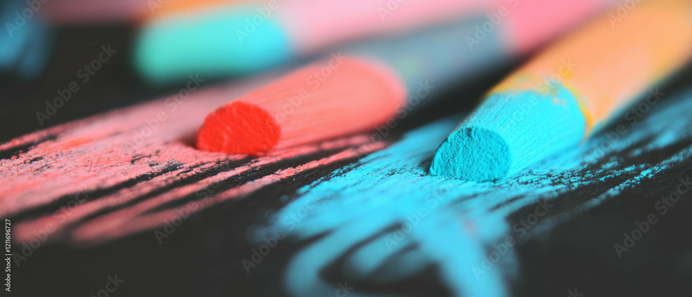 Poster vibrant crayon drawings with thick texture and colorful strokes on a dark background