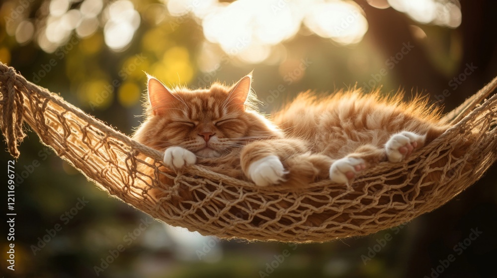 Poster a content chubby cat sleeping soundly in a hammock, its paws dangling off the edge, exuding a sense 