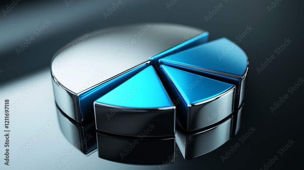 Poster A corporate D pie chart with glossy silver and blue segments, with one slice slightly pulled out to highlight its significance, displayed on a reflective surface.