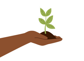 Human hand holding a small green seedling isolated on white. Vector hand drawn clipart. Concept of environment, spring, gardening, new life, business, save the planet.