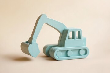 Obraz premium Pastel blue toy excavator on beige background; construction concept.