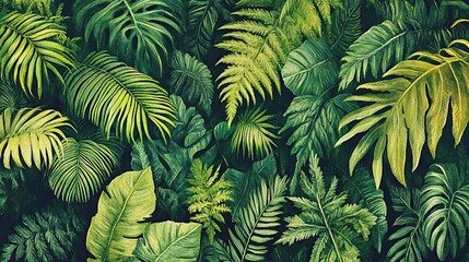 Lush tropical foliage background with various green leaves.
